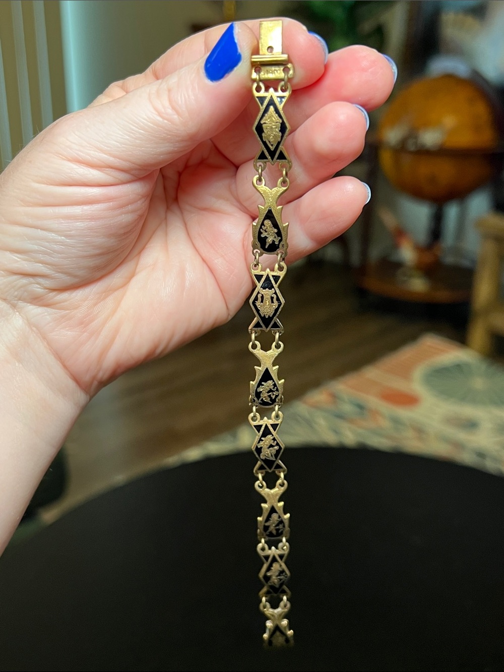 Vintage Gold Brass Black Enamel Siam Dancer Panel Bracelet